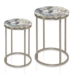 Pemberly Row Contemporary Nickel Agate Top Nesting Table - Set of 2