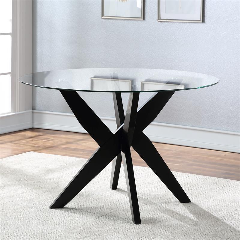 Pemberly Row Contemporary Round Black and Clear Glass Dining Table
