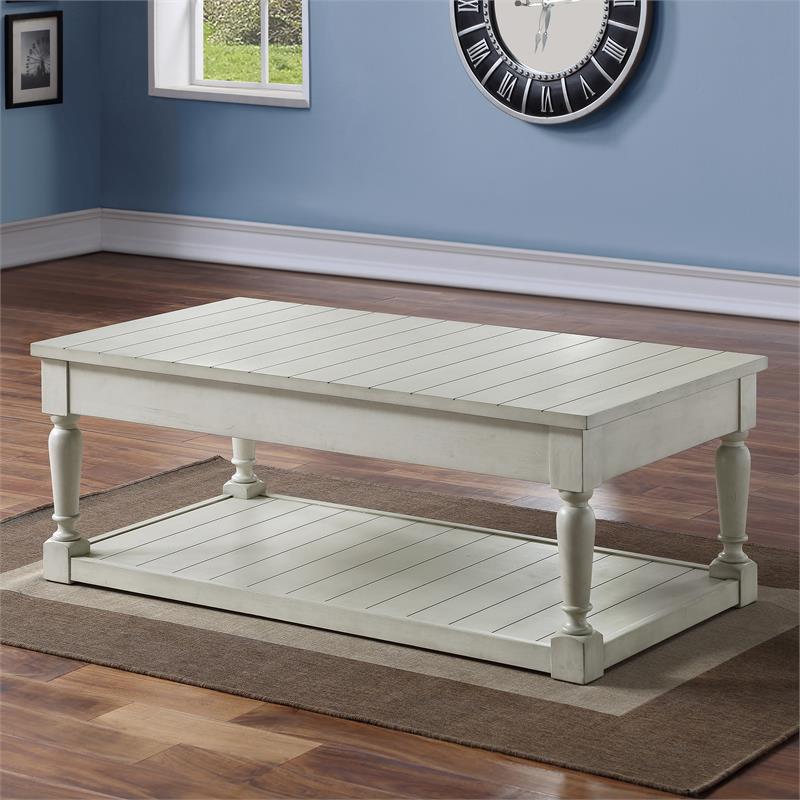 Pemberly Row Transitional White Alabaster Lift Top Coffee Table