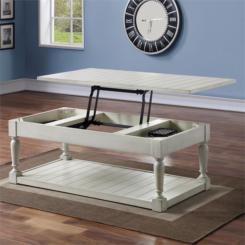 Pemberly Row Transitional White Alabaster Lift Top Coffee Table