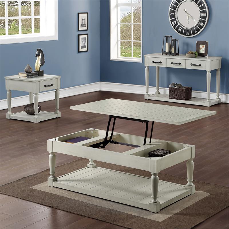 Pemberly Row Transitional White Alabaster Lift Top Coffee Table