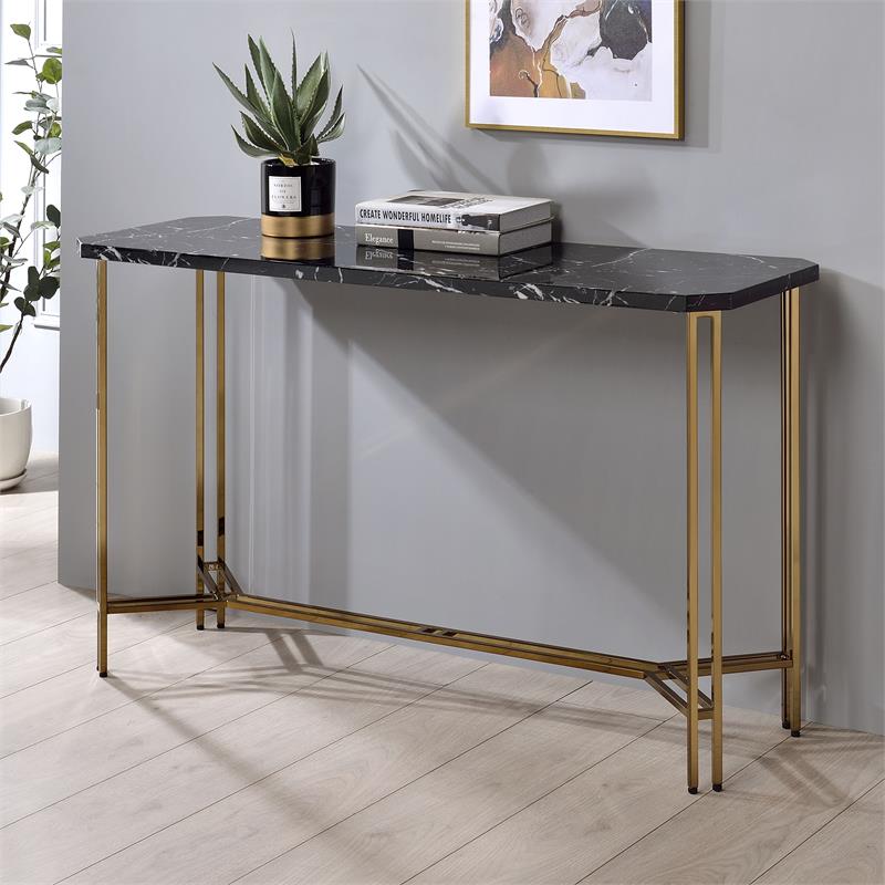 Pemberly Row Modern Transitional Black Faux Marble Sofa Table