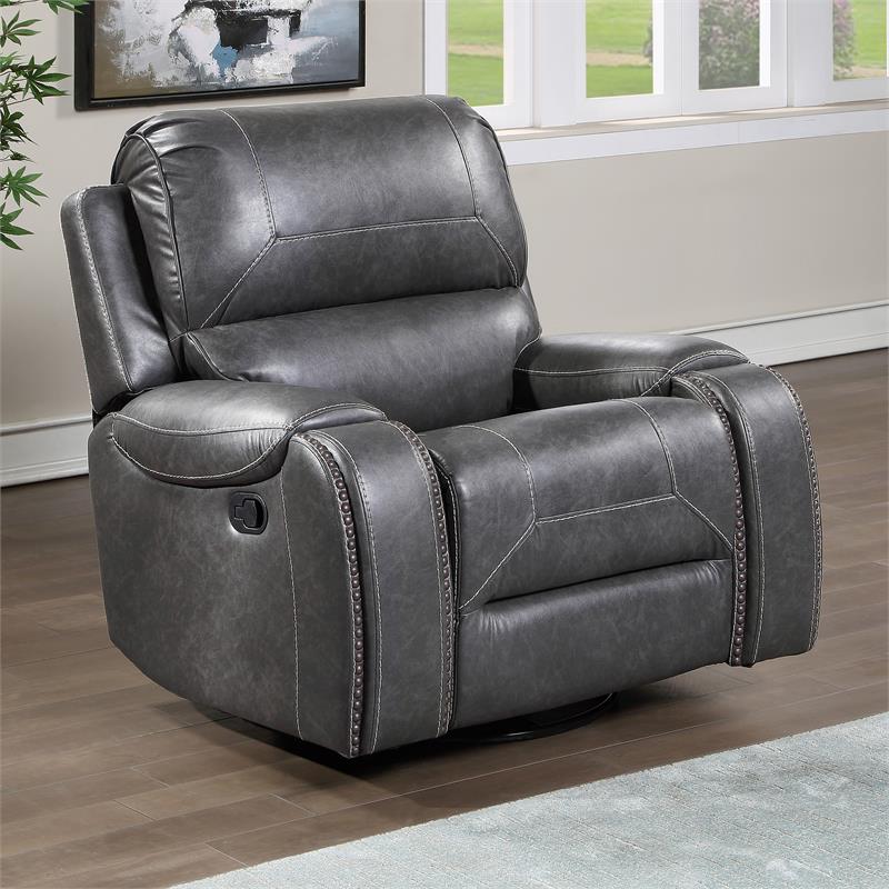 Pemberly Row Gray Faux Leather Manual Swivel Glider Recliner Chair