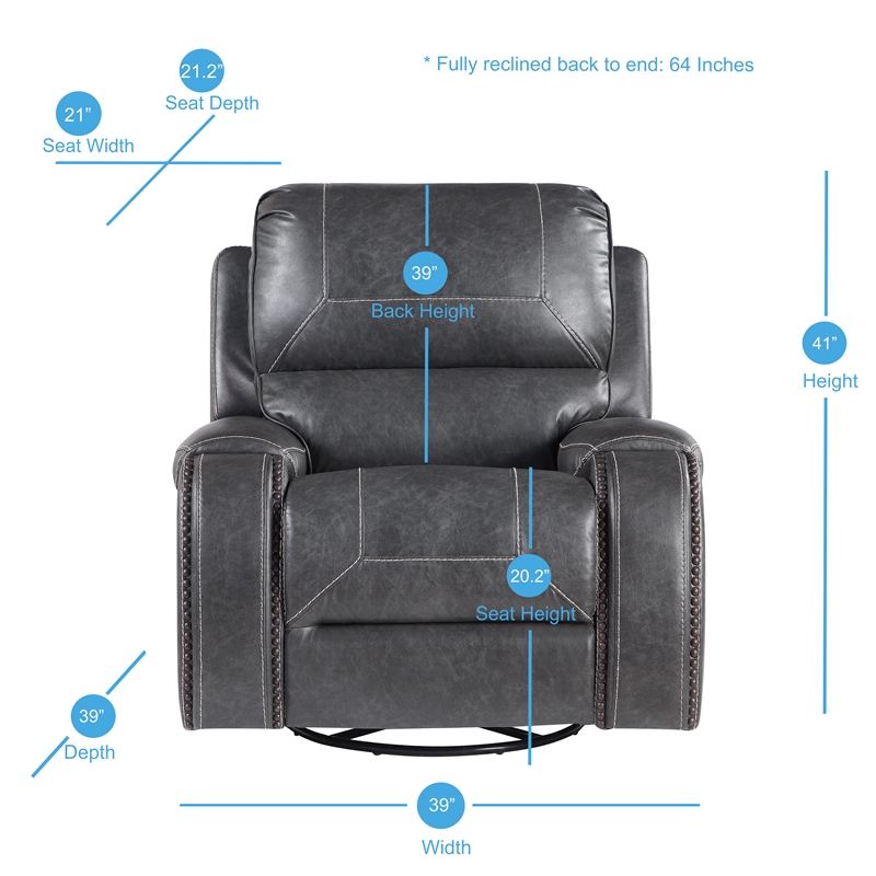 Pemberly Row Gray Faux Leather Manual Swivel Glider Recliner Chair