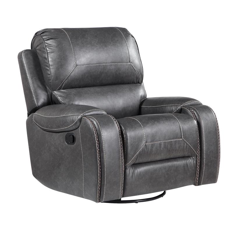 Pemberly Row Gray Faux Leather Manual Swivel Glider Recliner Chair