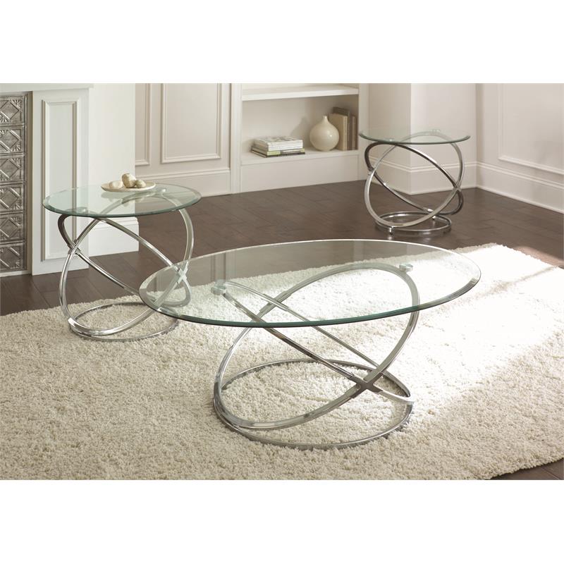 Pemberly Row Tempered Glass & Chrome Occasional 3-Piece of Coffee Tables Sets