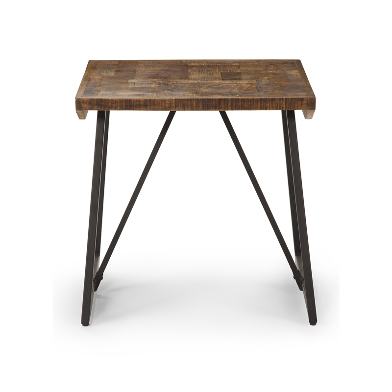 Pemberly Row Brown Wood Parquet Top with Dark Gray Iron Base End Table