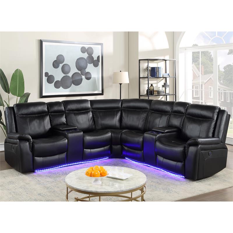 Pemberly Row Levin Black Faux Leather 3-piece Power Reclining Sectional