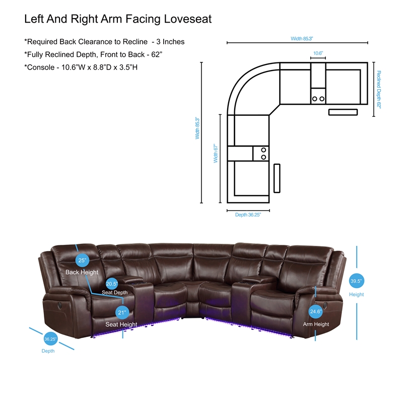 Pemberly Row Levin Black Faux Leather 3-piece Power Reclining Sectional