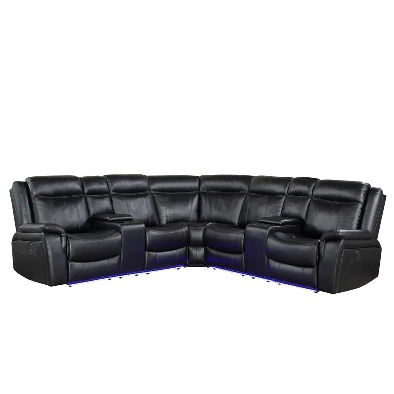 Pemberly Row Levin Black Faux Leather 3-piece Power Reclining Sectional