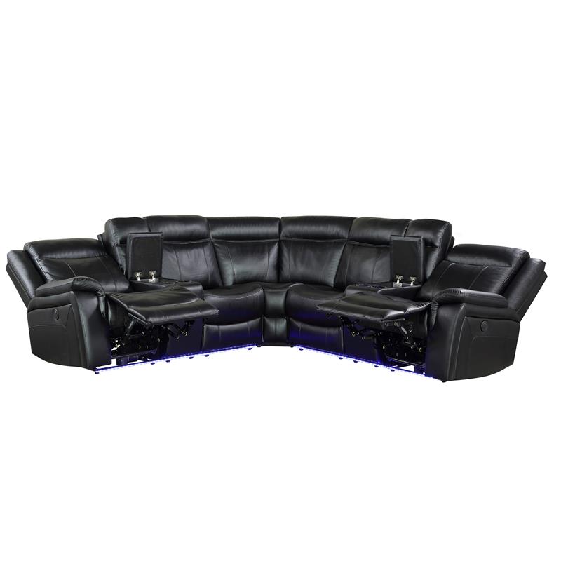 Pemberly Row Levin Black Faux Leather 3-piece Power Reclining Sectional