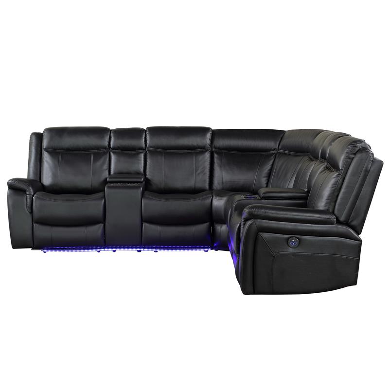 Pemberly Row Levin Black Faux Leather 3-piece Power Reclining Sectional