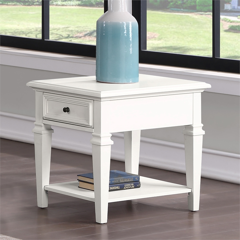 Pemberly Row Farmhouse / Country Modern Soft White Wood End Table