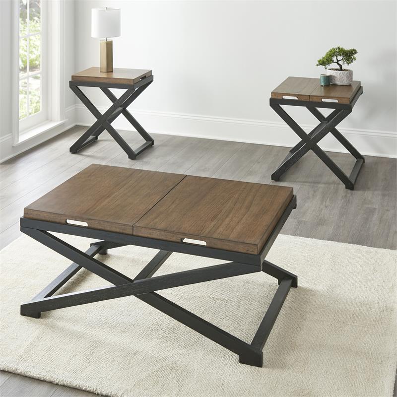 Pemberly Row Transitional Walnut and Ebony Solid Wood Cocktail Table
