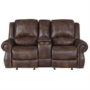 Pemberly Row Saddle Brown Faux Leather Reclining Console Loveseat