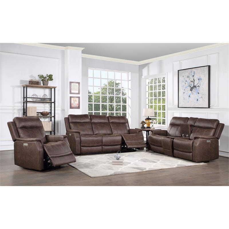 Pemberly Row Walnut Brown Faux Leather 3-piece Dual Power Reclining Set