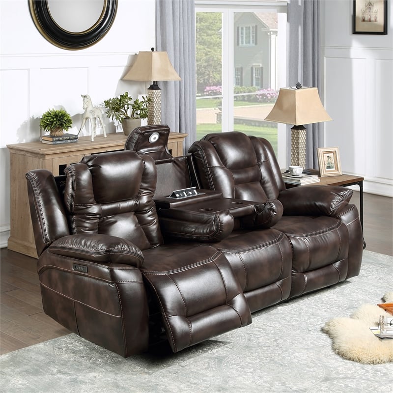 Pemberly Row Brown Faux Leather Dual Power Sofa with/Drop Down Table