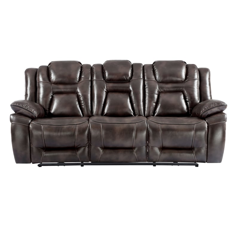 Pemberly Row Brown Faux Leather Dual Power Sofa with/Drop Down Table