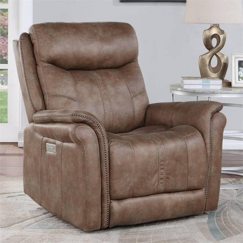 Pemberly Row Camel Brown Polyester Faux Suede Leather Power Recliner
