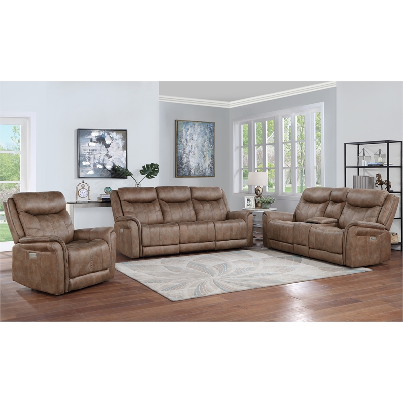 Pemberly Row Camel Brown Polyester Faux Suede Leather Power Recliner