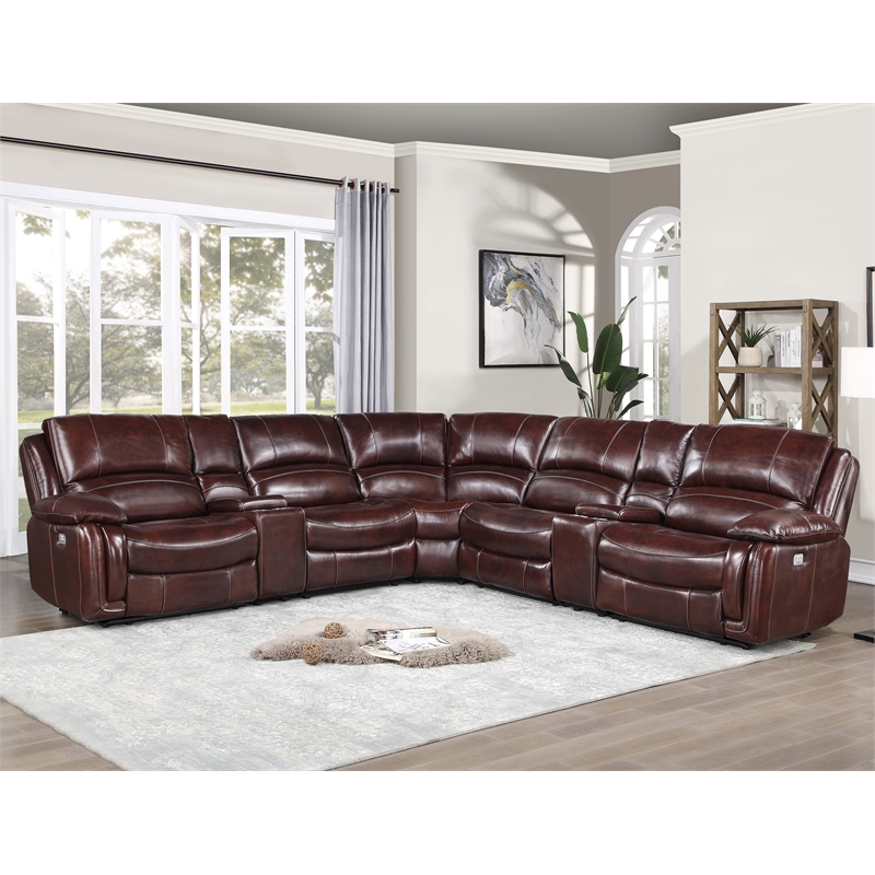 Pemberly Row Brown Leather 7-Piece Power Reclining Sectional