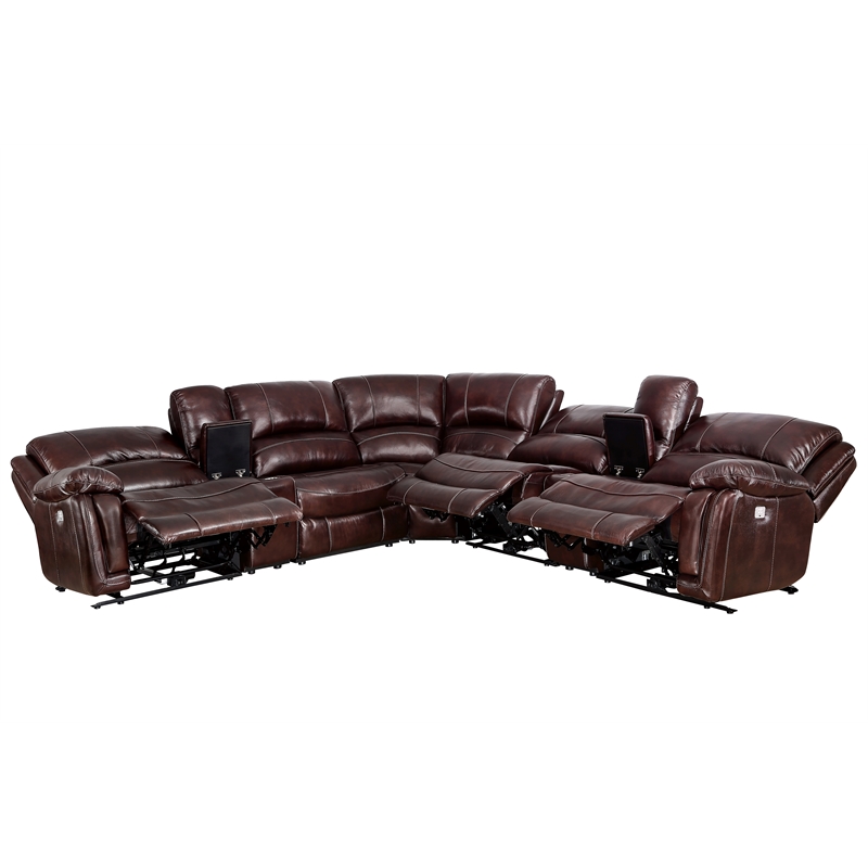 Pemberly Row Brown Leather 7-Piece Power Reclining Sectional