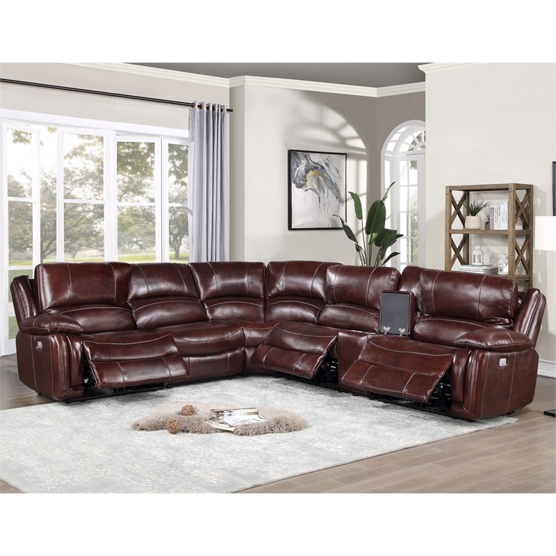 Pemberly Row Brown Leather 6-Piece Power Reclining Sectional