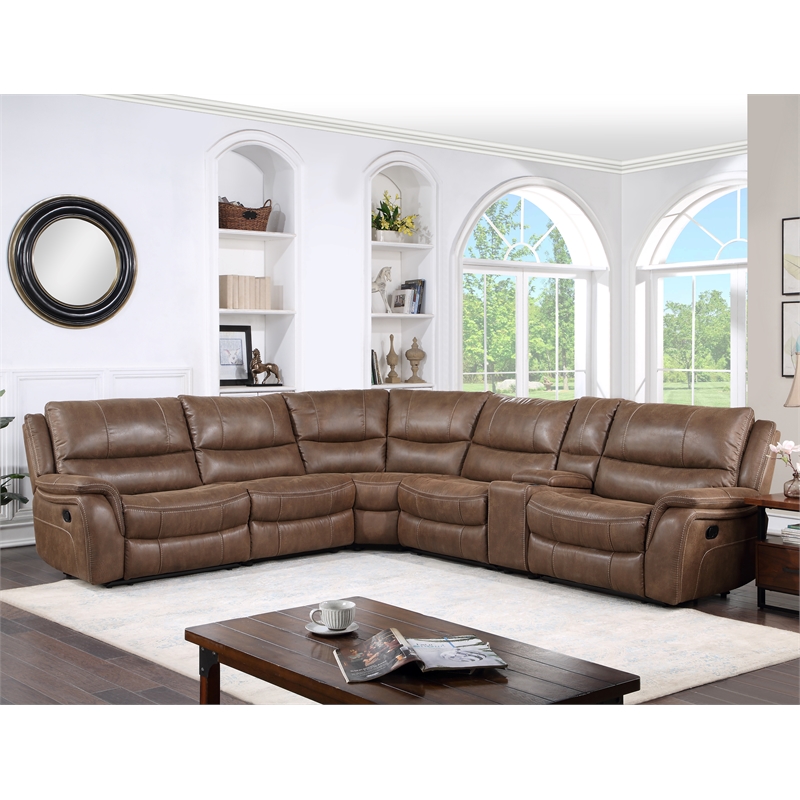 Pemberly Row Cocoa Brown Faux Leather 6-Piece Manual Reclining Sectional