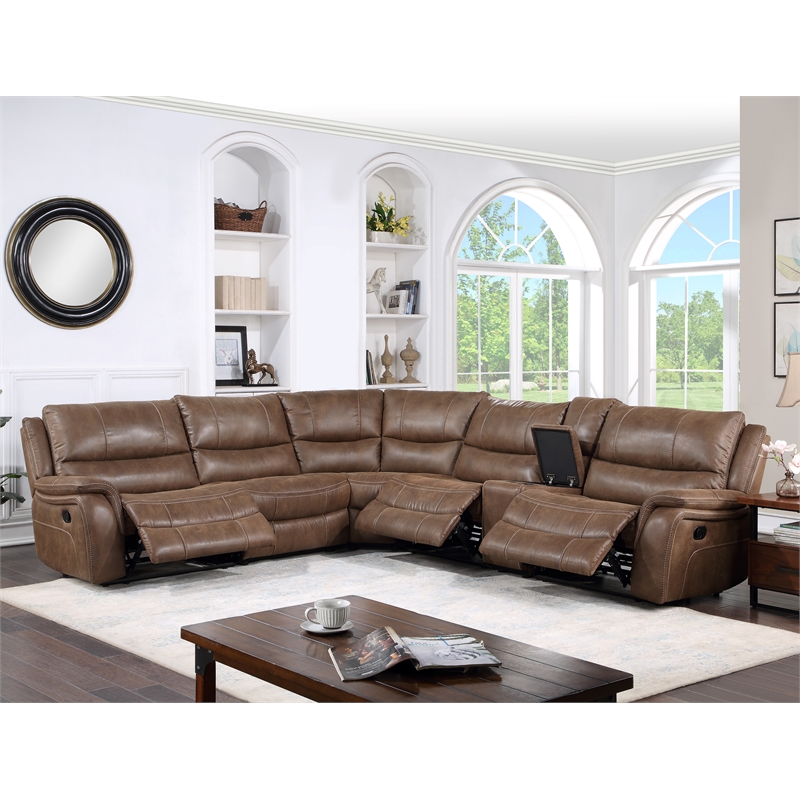 Pemberly Row Cocoa Brown Faux Leather 6-Piece Manual Reclining Sectional