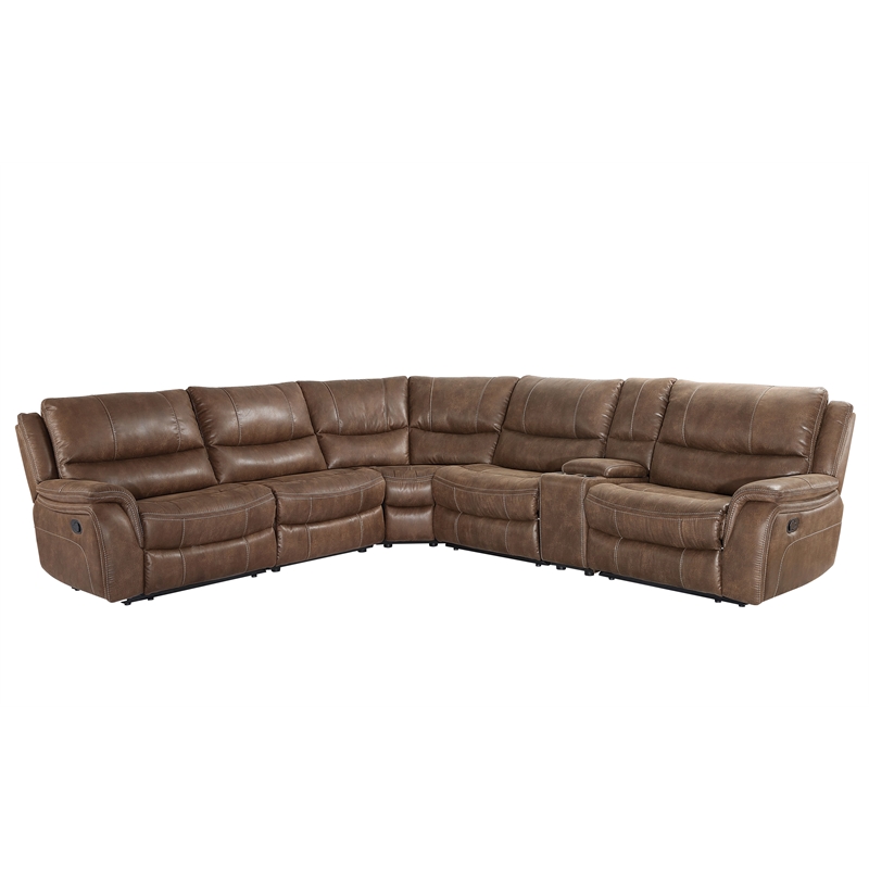 Pemberly Row Cocoa Brown Faux Leather 6-Piece Manual Reclining Sectional