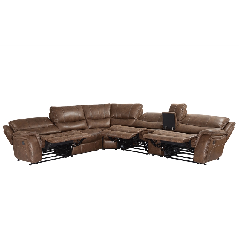 Pemberly Row Cocoa Brown Faux Leather 6-Piece Manual Reclining Sectional