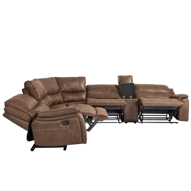 Pemberly Row Cocoa Brown Faux Leather 6-Piece Manual Reclining Sectional