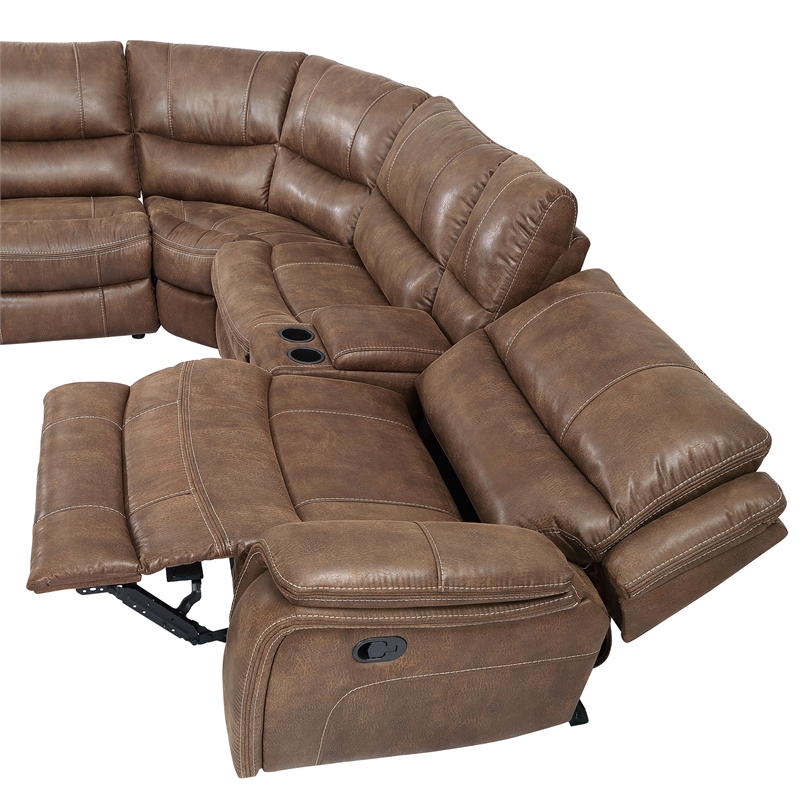 Pemberly Row Cocoa Brown Faux Leather 6-Piece Manual Reclining Sectional