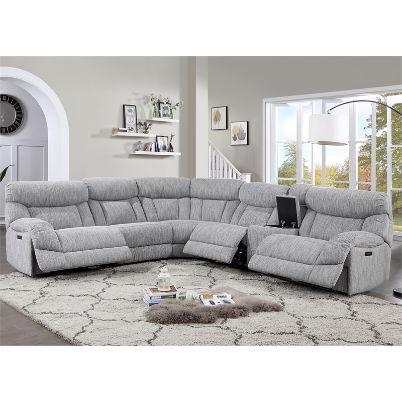 Pemberly Row Polyester Fabric Upholstered 6-Piece Dual-Power Reclining Sectional