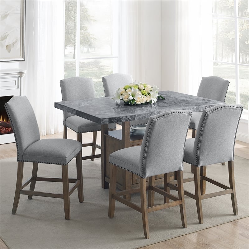 Pemberly Row Transitional Gray Marble Counter 7-Piece Dining Set