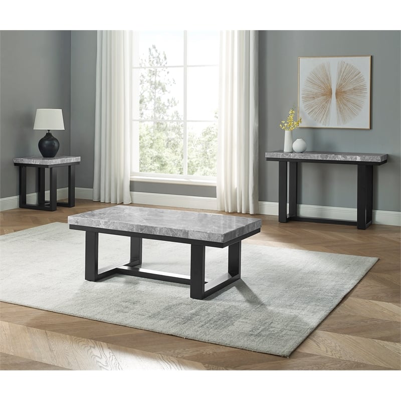 Pemberly Row Gray Marble and Espresso Wood 3-piece Coffee Tables Occasional Set