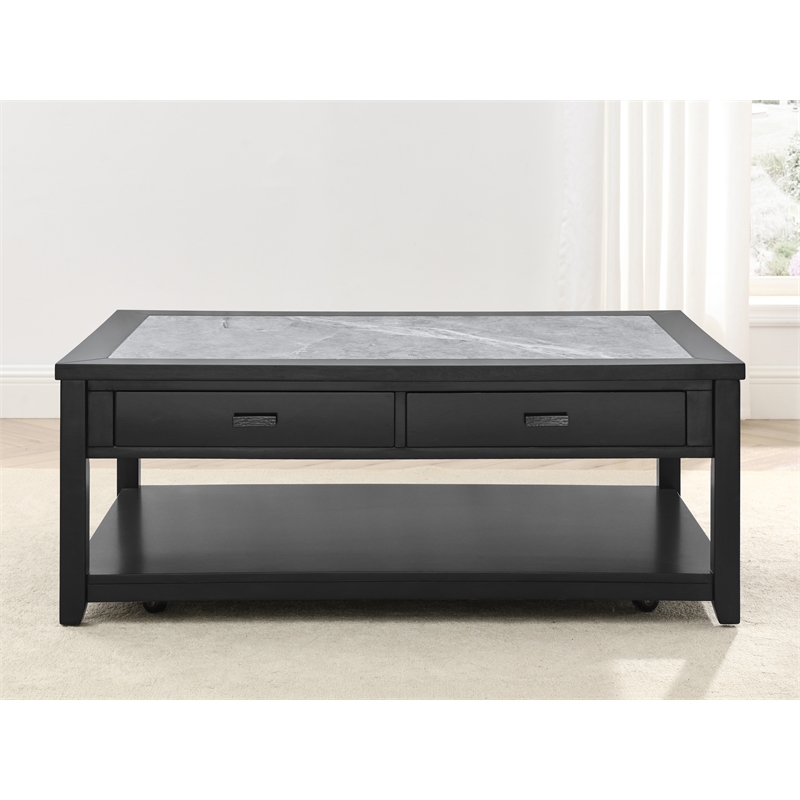 Pemberly Row Transitional Gray Stone Top Cocktail Table with Casters