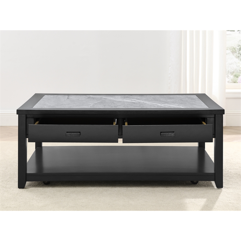 Pemberly Row Transitional Gray Stone Top Cocktail Table with Casters