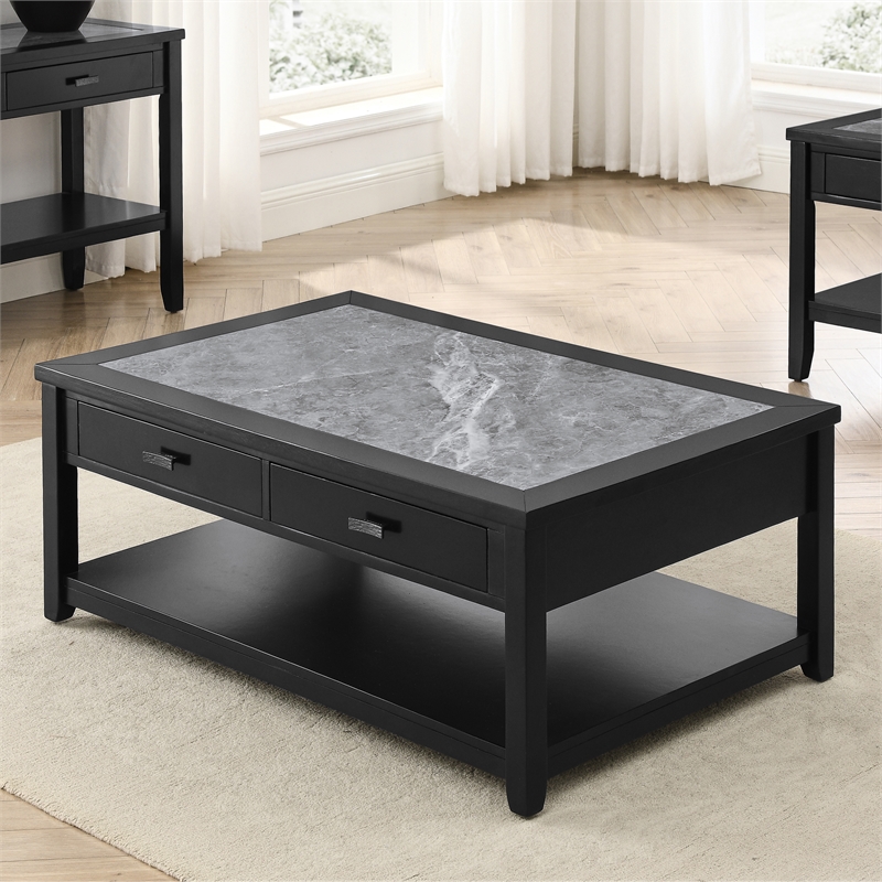 Pemberly Row Transitional Gray Stone Top Cocktail Table with Casters