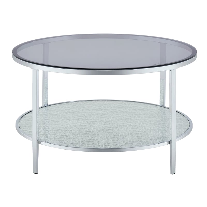 Pemberly Row Contemporary Round Chrome and Tempered Glass Cocktail Table