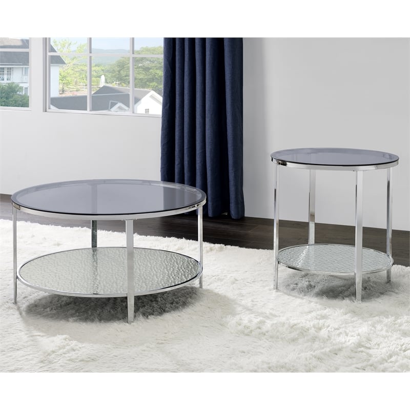 Pemberly Row Contemporary Round Chrome and Tempered Glass Cocktail Table