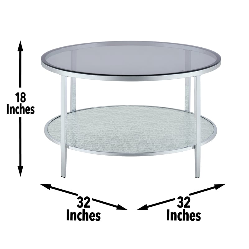 Pemberly Row Contemporary Round Chrome and Tempered Glass Cocktail Table