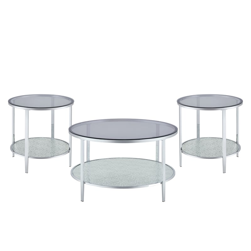 Pemberly Row Contemporary Round Chrome and Tempered Glass Cocktail Table