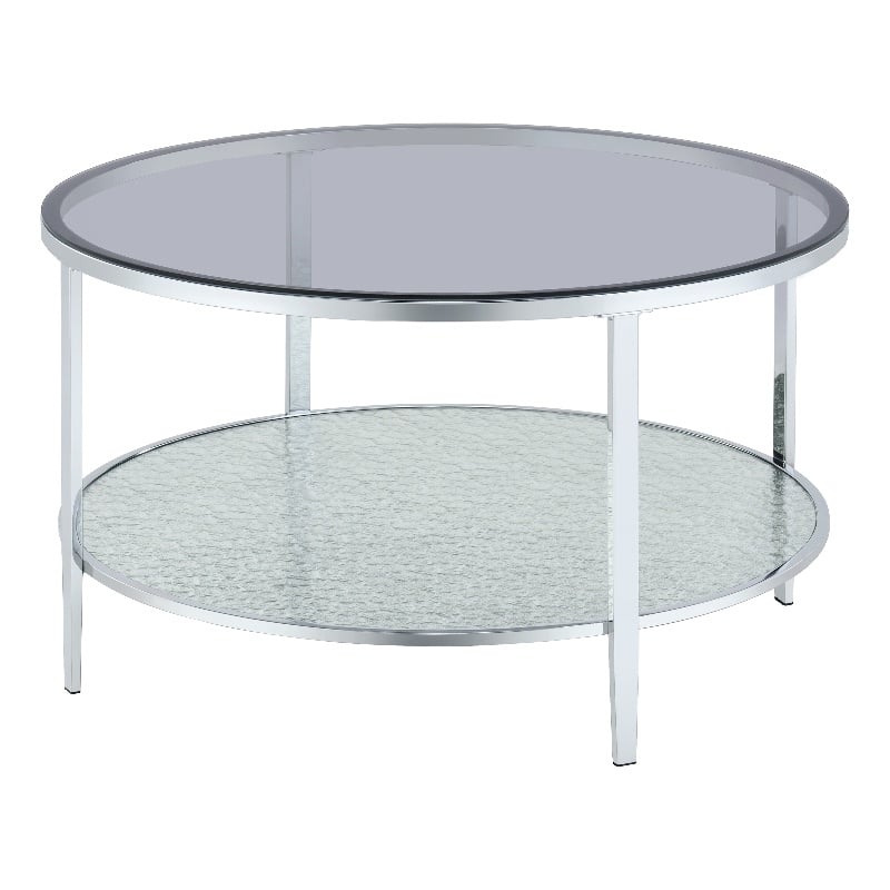 Pemberly Row Contemporary Round Chrome and Tempered Glass Cocktail Table