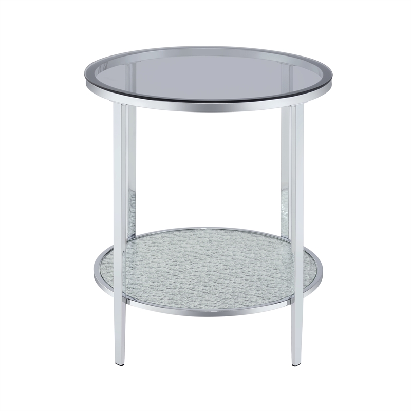 Pemberly Row Contemporary Round Chrome and Tempered Glass End Table