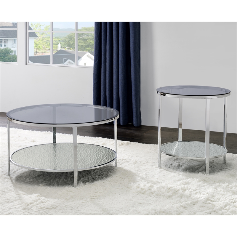 Pemberly Row Contemporary Round Chrome and Tempered Glass End Table