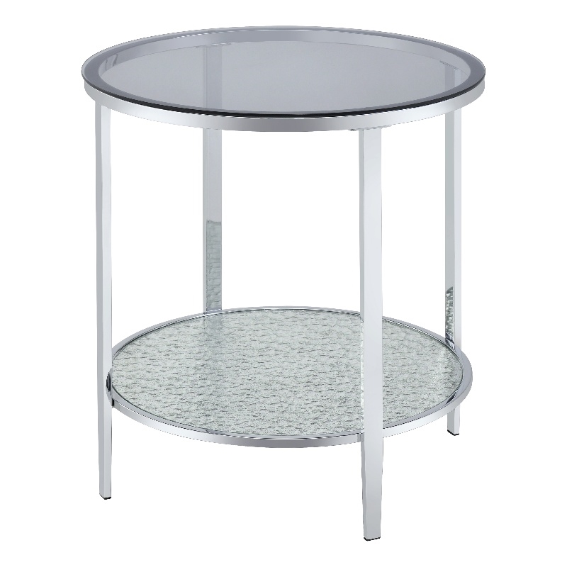 Pemberly Row Contemporary Round Chrome and Tempered Glass End Table