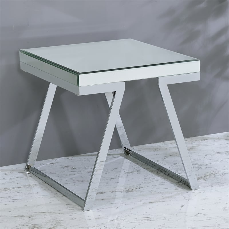 Pemberly Row Mirrored Glass and Chrome Metal Square End Table