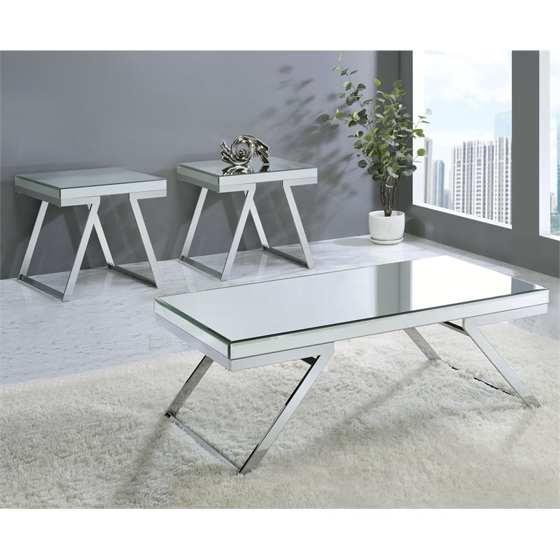 Pemberly Row Mirrored Glass and Chrome Metal Square End Table
