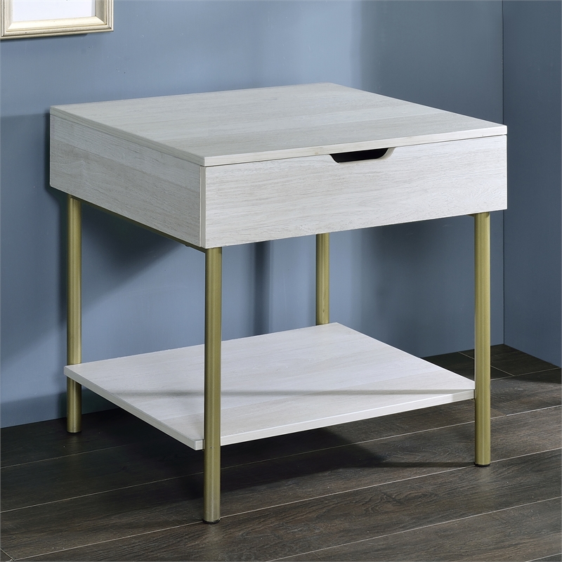 Pemberly Row Mid-Century White Wood and Brass Square End Table